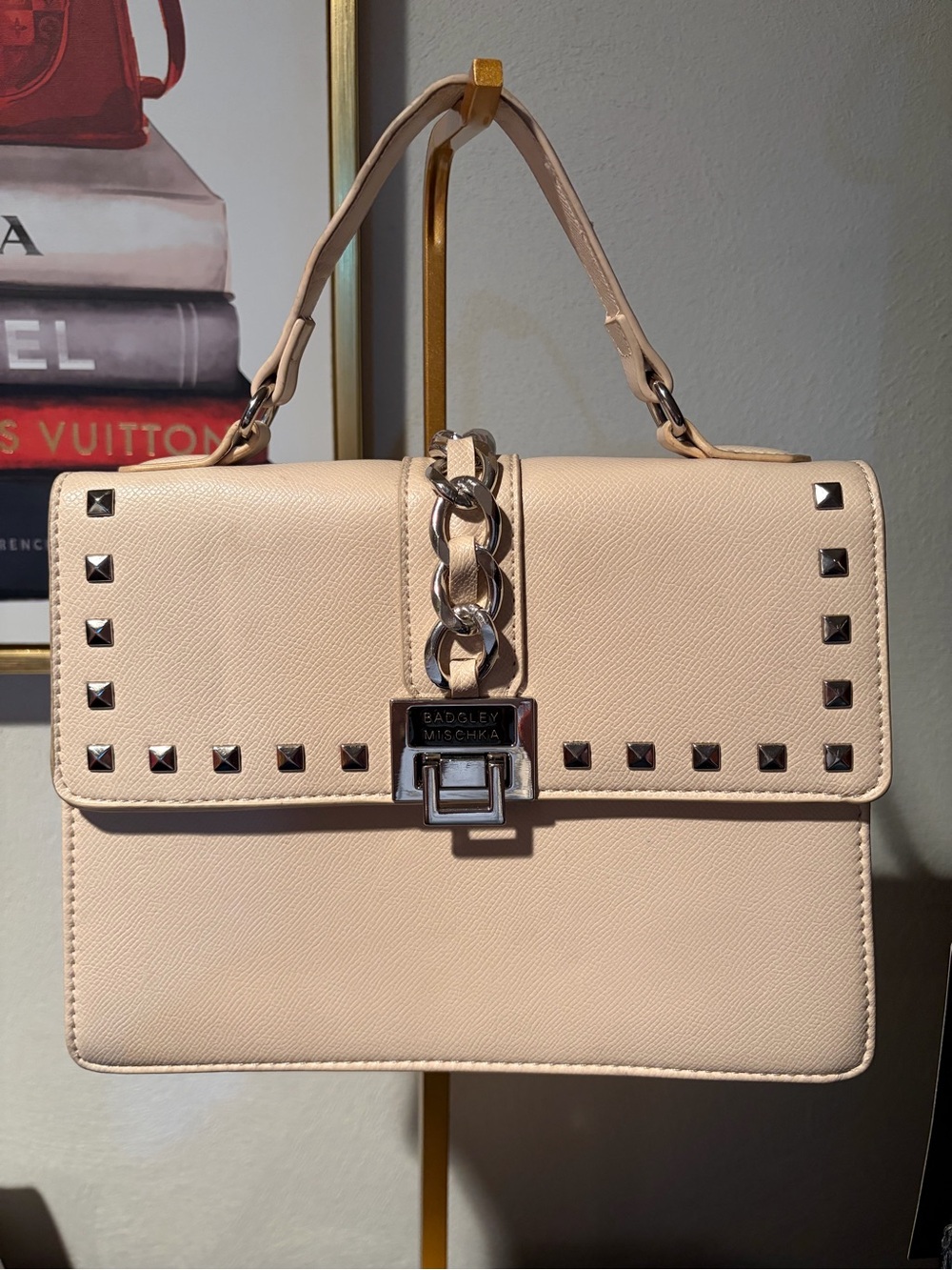 Badgley Mischka Blush Cream Leather Top-Handle Satchel with Stud Detail